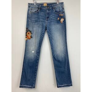 Driftwood Audrey Floral Embroidered Straight Skinny Raw Hem Distressed Jeans 32